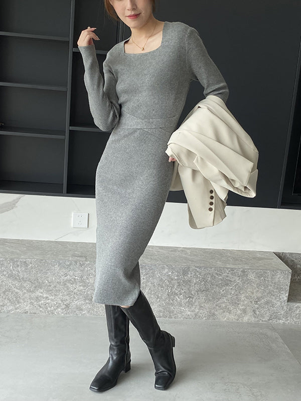 Simple Skinny Long Sleeves Color Square-neck Sweater Dresses