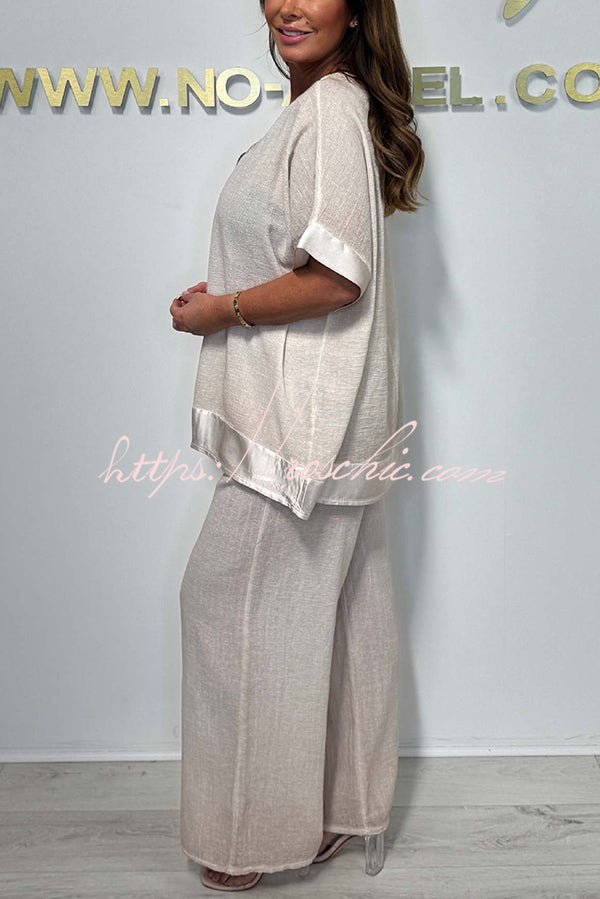 Fashionable V-neck Short-sleeved Loose Top and Elastic Waist Wide-leg Pants Set