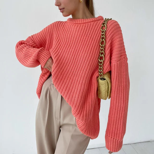 Autumn Waffle Knit Oversized Green Sweater Long Sleeve Loose Thickening Pullovers Female Knitted Tops