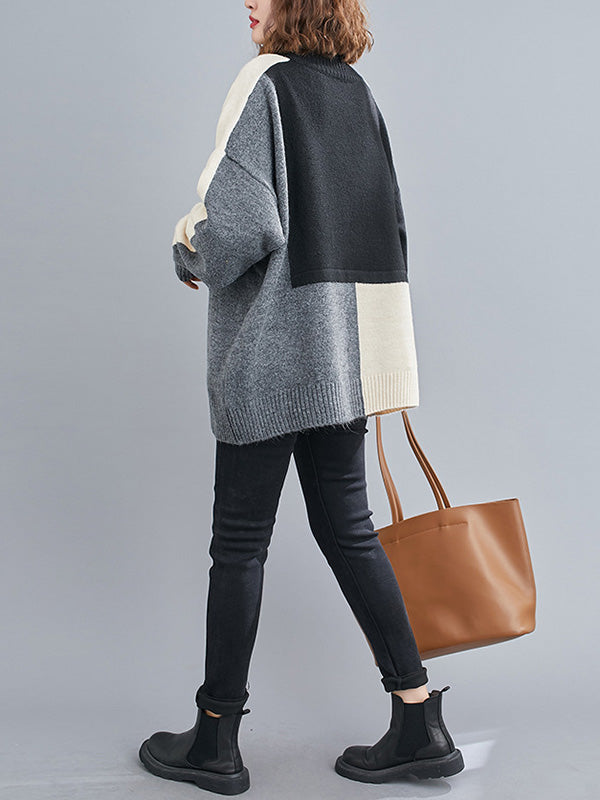 Stylish Grey High-neck Color-block Long Sleeve Knit Sweater An1043
