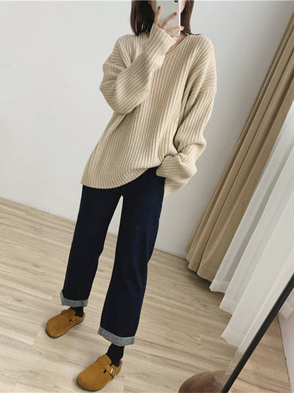 Caramel V-neck Long Sleeves Striped Knit Sweater Qx001
