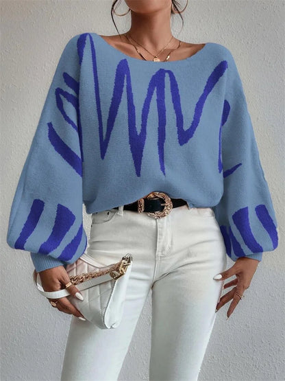 Off Shoulder Sweater for Batwing Sleeve Pullover Knit Loose Jumper Tops Art Printed Spring New Oversized Sweaters