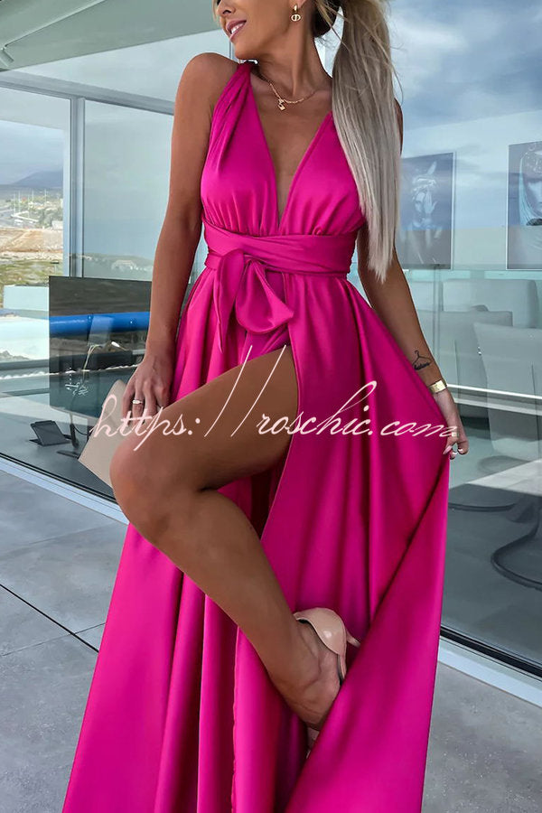 Different Effects Satin Free Tie Neck Slit Maxi Dress