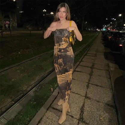 Strapless Oil Painting Printing Mesh Slim Midi Dress Female Brand Party Vestidos – Bestseller Dress