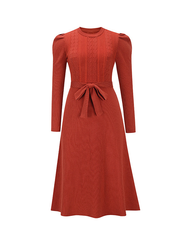 High Waisted Long Sleeves Color Tied Waist Round-neck Midi Dresses Sweater Dresses