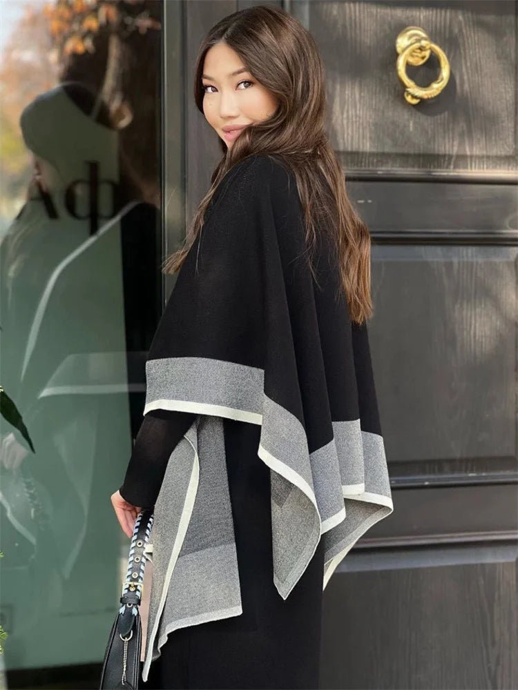 Knit 2 Piece-set Maxi Dress for Loose Patchwork Contrast Shawl Slim Knitwear Dress Outfits