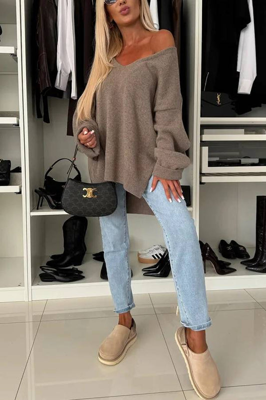 Cold Weather Knit Color Long Sleeve V-neck Irregular Relaxed Sweater