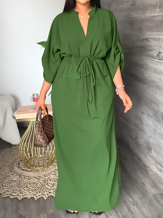Loose Drawstring Color Split-side V-neck Maxi Dresses