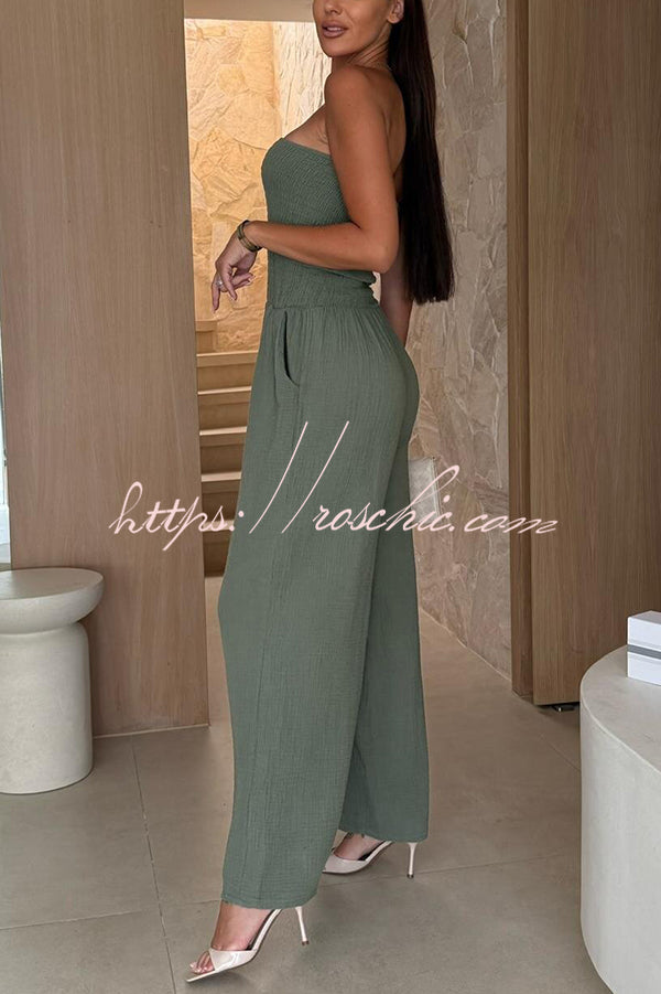 Linen Blend Color Off-the-shoulder Pleated Pocket Wide-leg Jumpsuit