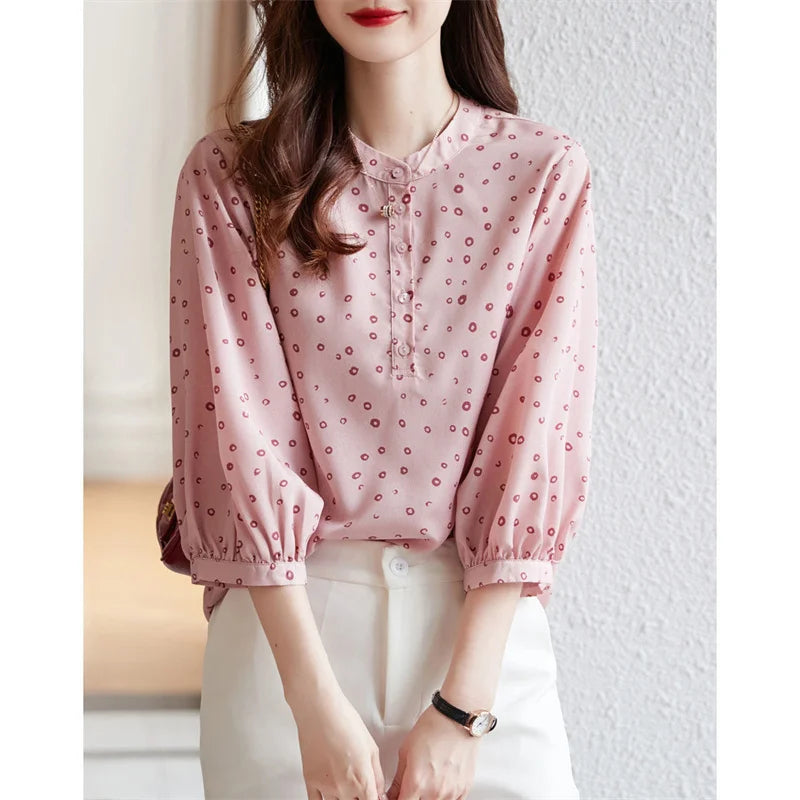 Woman Spring Summer Style Blouses Tops Lady Half Sleeve Stand Collar Polka Dot Printed Blusas Tops Df4474