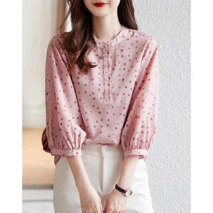 Woman Spring Summer Style Blouses Tops Lady Half Sleeve Stand Collar Polka Dot Printed Blusas Tops Df4474
