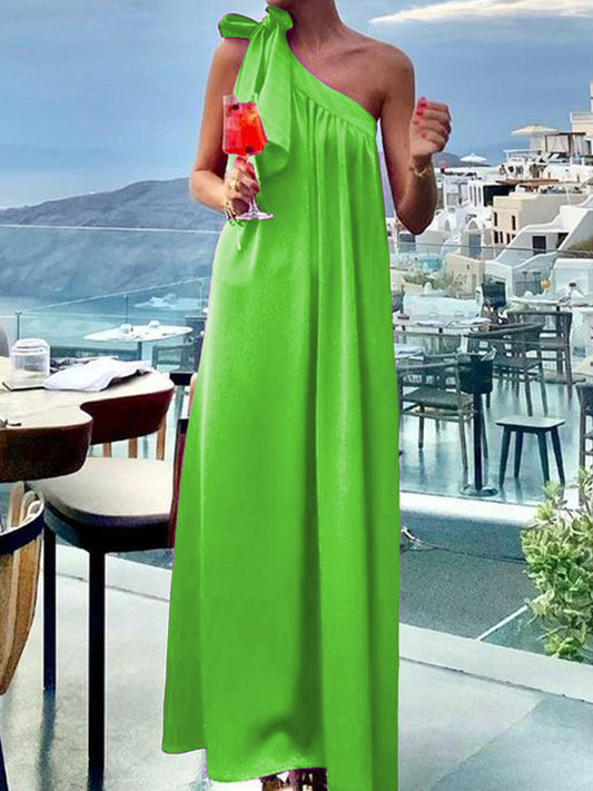 A-line Loose Asymmetric Pleated Color Tied One-shoulder Maxi Dresses