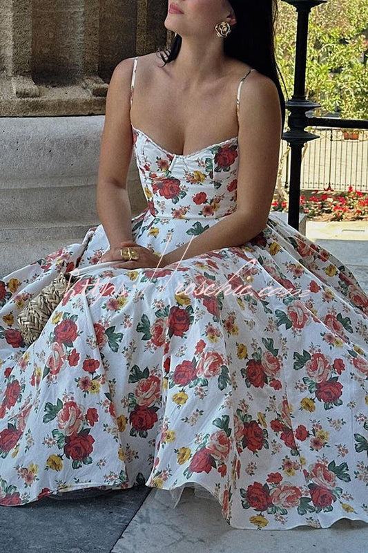 Fairy Tale Italian Rose Print Tulle Pocketed Slip Midi Dress
