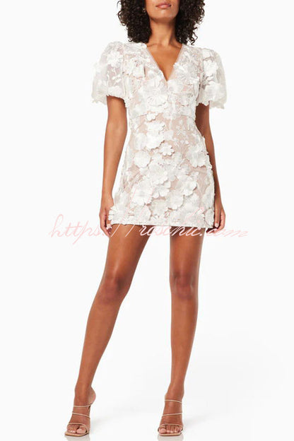 Garden Gala Embroidered Applique Puff Sleeve Mini Dress