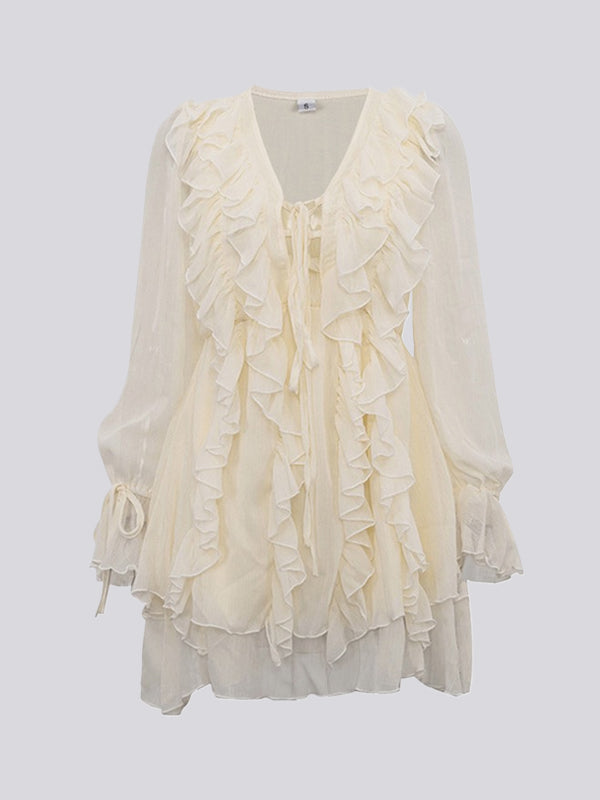 A-line High Waisted Ruffle Trim Color Tied V-neck Mini Dresses