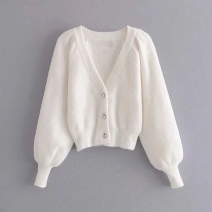 Two Piece Sets Outfits White Plush Mohair Drill Button Cardigan Coats With Bra Tops and Mini Shorts Matching Sets