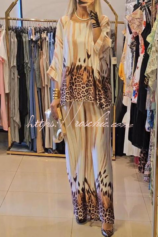 Unique Fashionable Printed Crew Neck Loose Top and Elastic Waist Pants Set