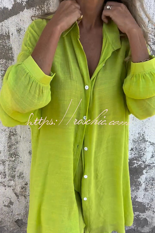 Color Lapel Long Shirt and Elastic Waist Loose Pocket Shorts Set