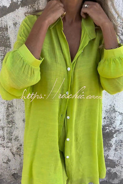 Color Lapel Long Shirt and Elastic Waist Loose Pocket Shorts Set