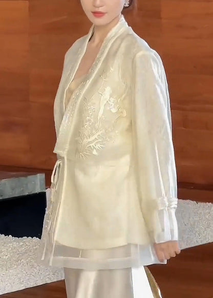 Cardigan Neck V Embroidered Up Lace Silk Beige Spring