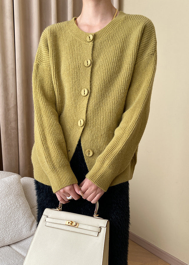 Yellow Cozy Knit Coats O Neck Long Sleeve Af1017