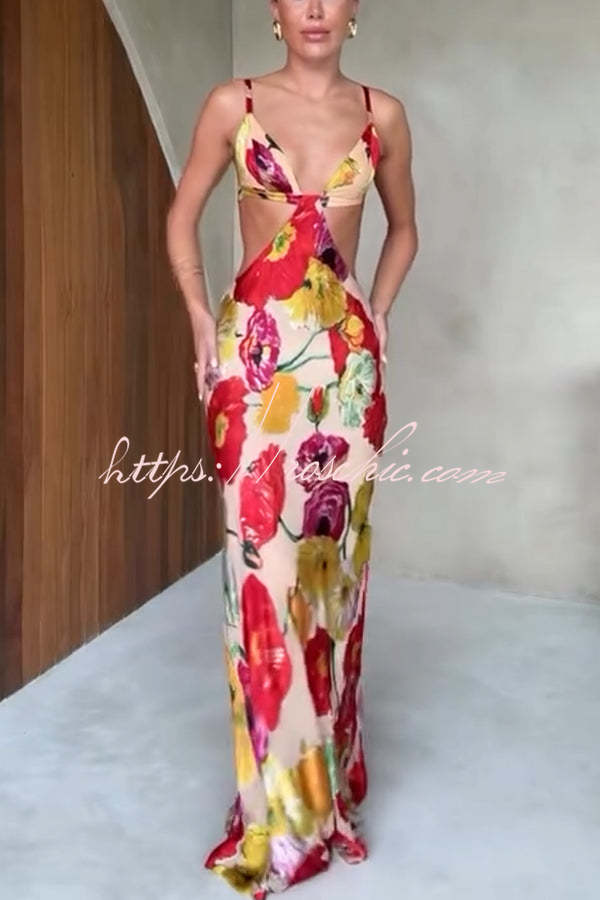 Hawaiian Dreams Satin Print Cutout Backless Maxi Dress