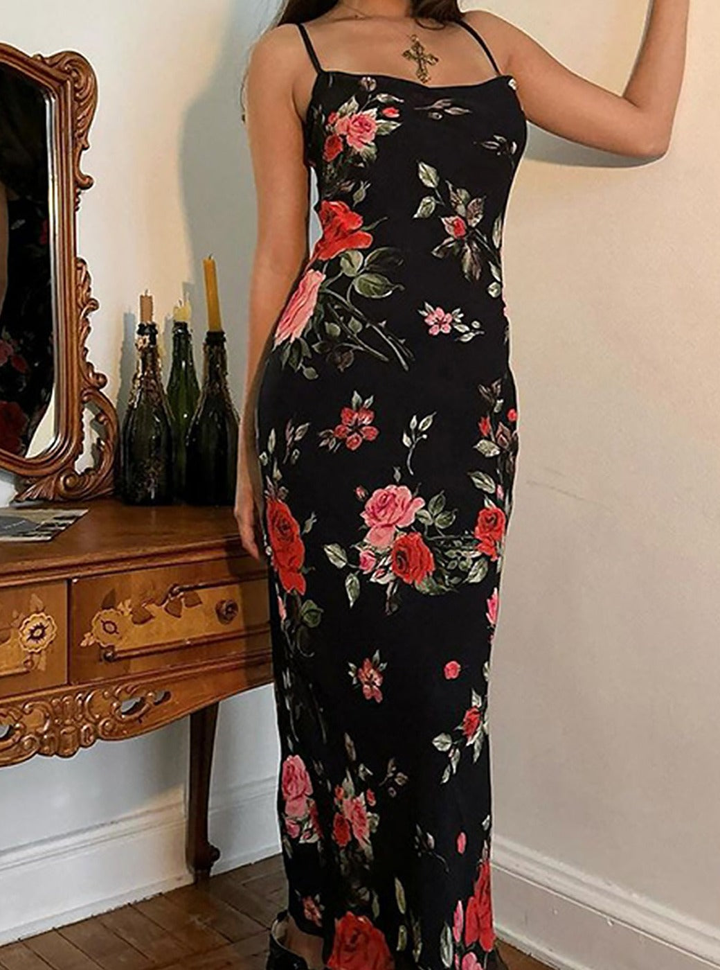 Print Mesh Spaghetti Strap Maxi Dress