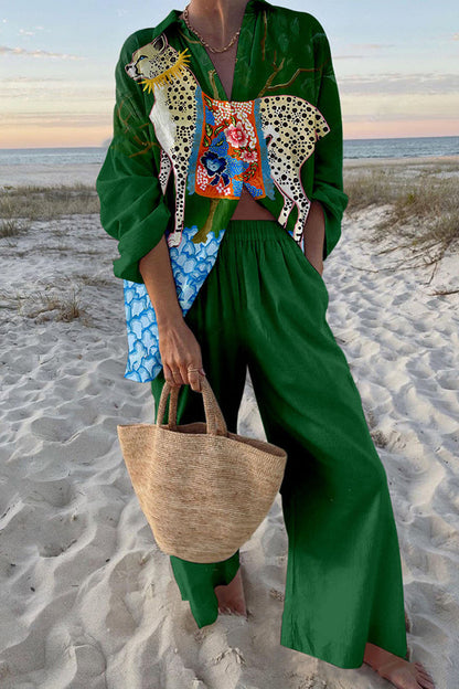 Leopard Print Oversized Shirt and Elastic Waist Pocket Pants Set