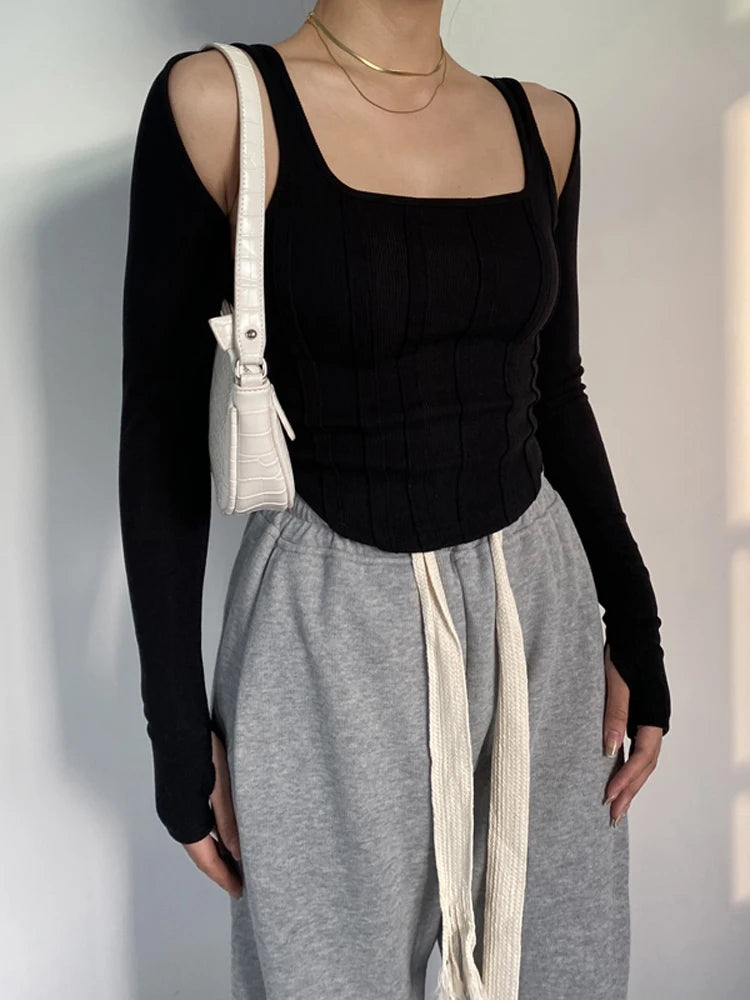 Striped Stitching Slim T-shirt Female 2 in 1 Shrug Set Co-ord Crop Shrug and Corset Tank Tops Set Y2k New