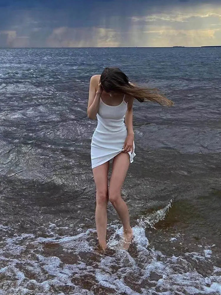 Basic Dress for White Spaghetti Strap Sleeveless a Line Mini Dresses Y2k Clothes 2000s Aesthetic Dress Beach Wear