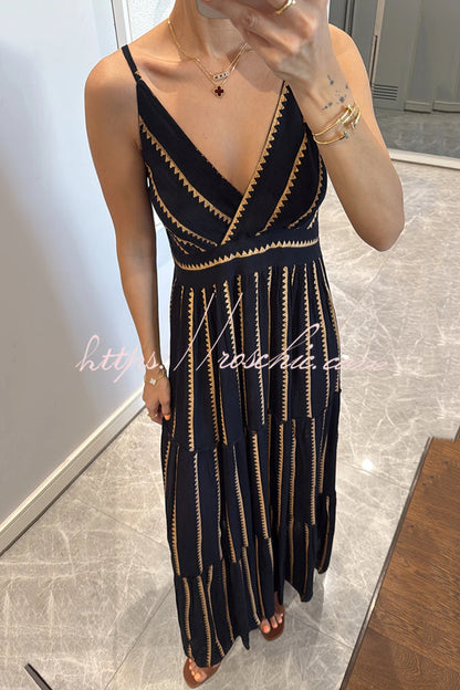 Striped Printed Suspender V-neck Full Hem Loose Holiday Maxi Dress
