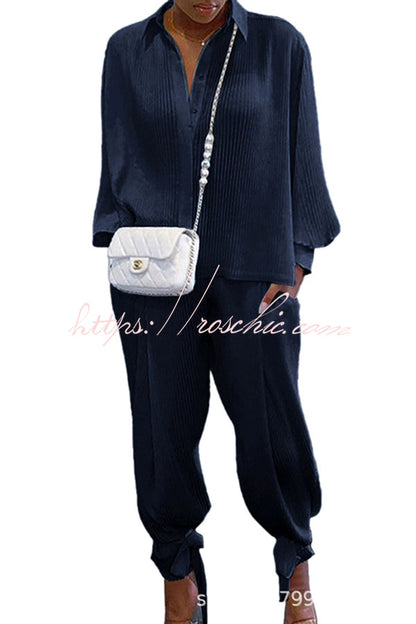 Shirt Collar Stripe Side Pocket Top Pant Set