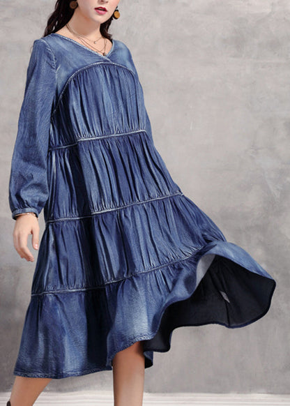 Blue V Neck Wrinkled Patchwork Denim Long Dress Long Sleeve Nn018