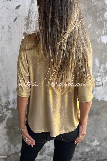 Metallic Color Round Neck Short-sleeved Loose T-shirt