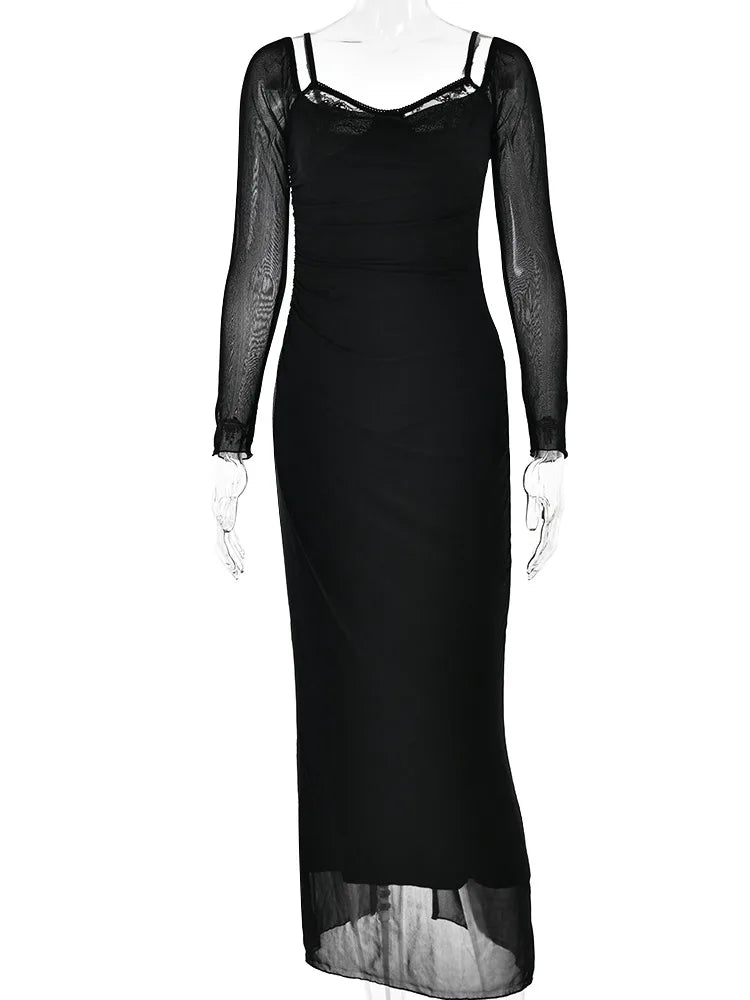 Long Sleeve Mesh Patchwork Lace Double Layer Midi Dress for Autumn Party Clubwear Long Dress