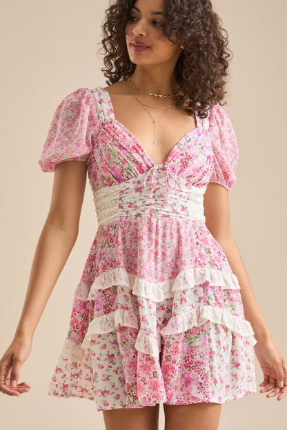 Lace Patchwork V Neck Puff Short Sleeve Mini Dress
