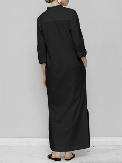 Long Sleeves Loose Color Split-joint V-neck Maxi Dresses