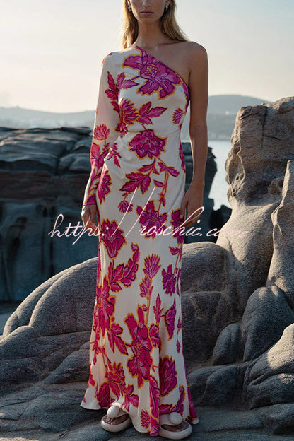 Rhia Satin Print One Shoulder Flared Maxi Dress