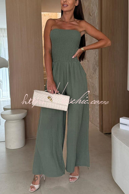Linen Blend Color Off-the-shoulder Pleated Pocket Wide-leg Jumpsuit