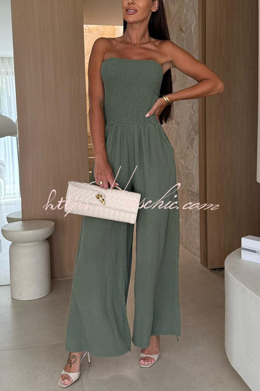 Linen Blend Color Off-the-shoulder Pleated Pocket Wide-leg Jumpsuit