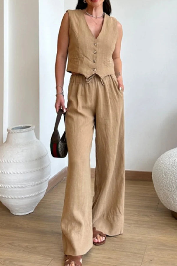 Color Cotton Linen Vest \u0026 Lace-up Pants Two-piece Set
