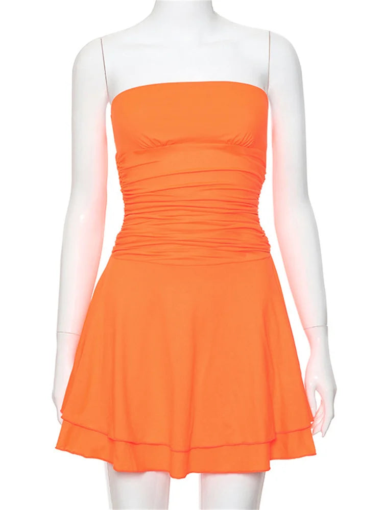 Ruffled Backless Mini Dress – Tiered Patchwork Bandeau Dress