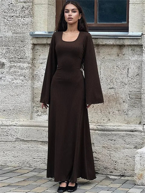 Scoop Neck Lace-up Ribbed Maxi Dress Female Long Sleeve Slim Loose Bandage Dress Autumn Dress New