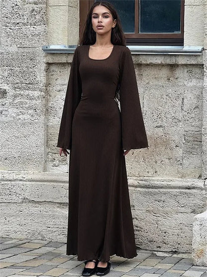 Scoop Neck Lace-up Ribbed Maxi Dress Female Long Sleeve Slim Loose Bandage Dress Autumn Dress New