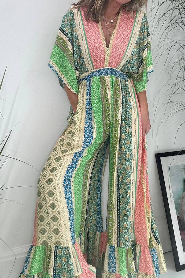 Last Queen Retro Flare Sleeve Pocketed Loose Wide Leg Jumpsuit