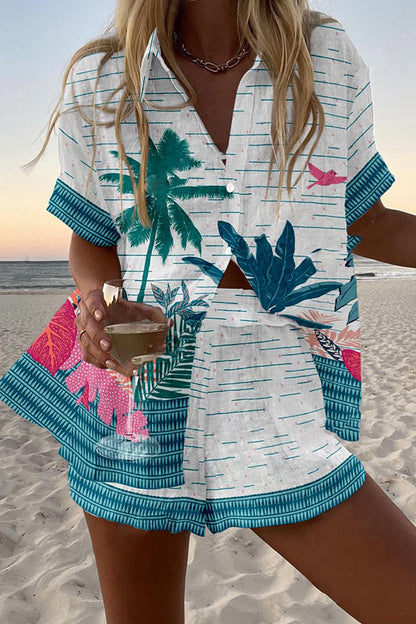 Rainforest Plant Print Loose Button Elastic Waist Shorts Set