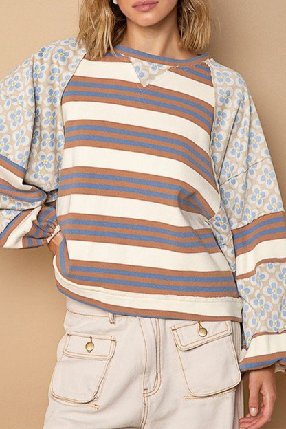 Striped Print Flowers Contrast O Neck Hoodies