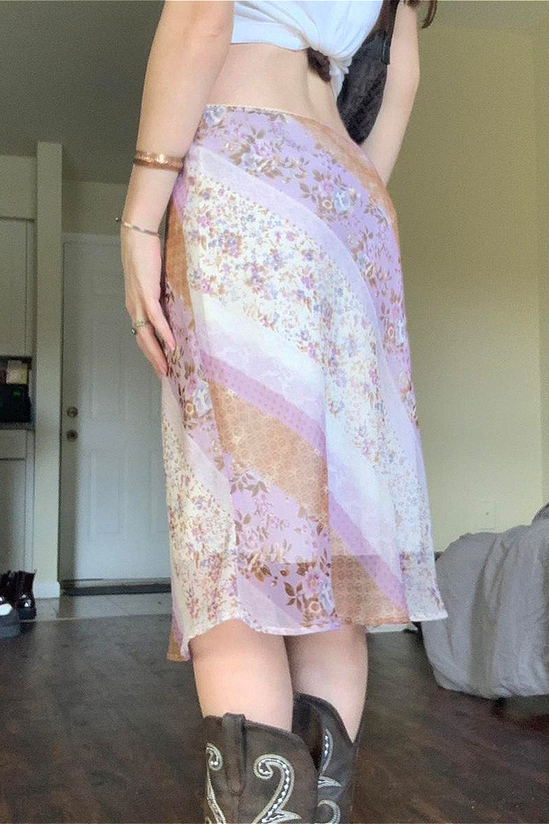 Mesh Spliced Print A-line Maxi Skirt