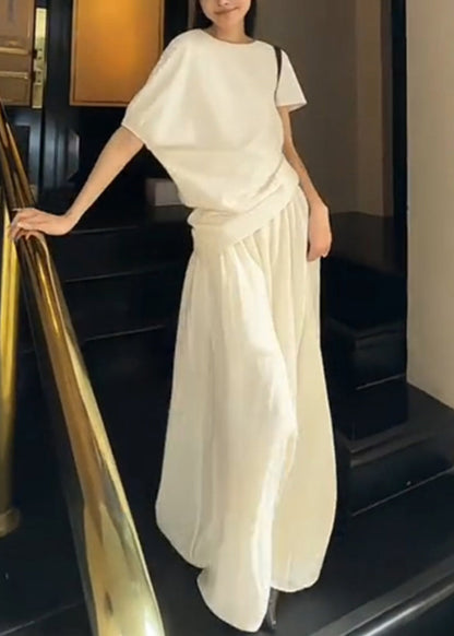 New White O Neck Tops and Skirts Cotton Two-piece Set Summer Ee049
