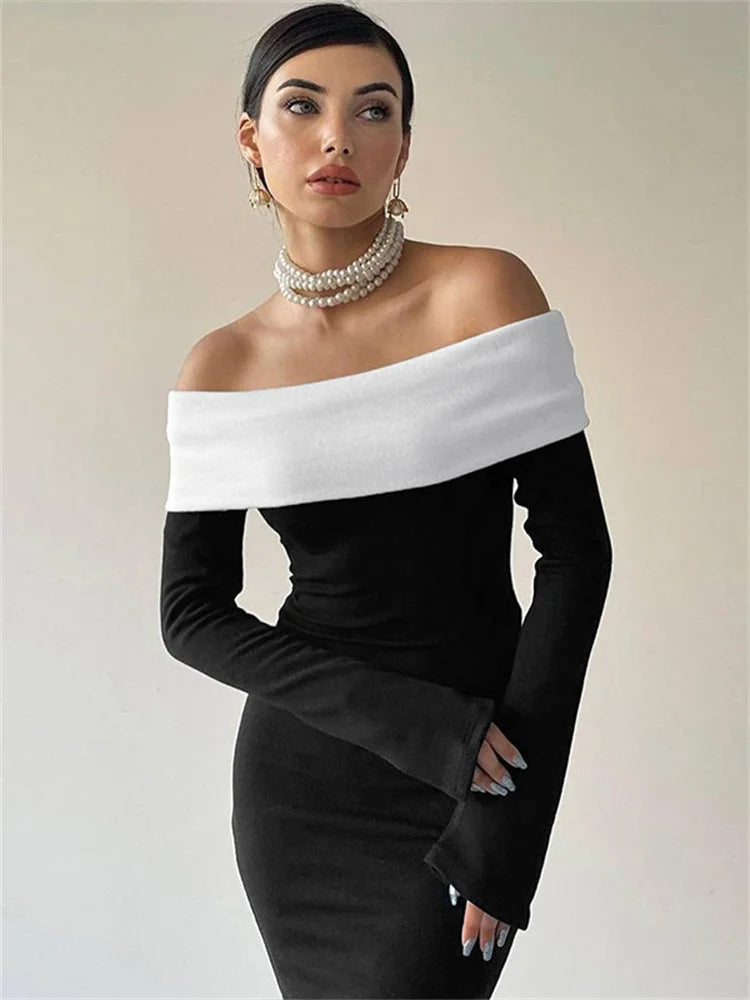 Off-shoulder Patchwork Slim Maxi Dress for Long Sleeve High Waist Backless Party Dress Female Autumn Outfit
